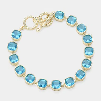 Fashnzfab 14k Gold Plated Square Cz Stone Link Evening Toggle Bracelet Blue, Gold In Multi