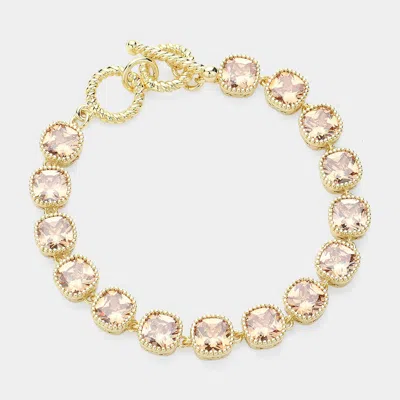 Fashnzfab 14k Gold Plated Square Cz Stone Link Evening Toggle Bracelet Gold, Peach In Multi