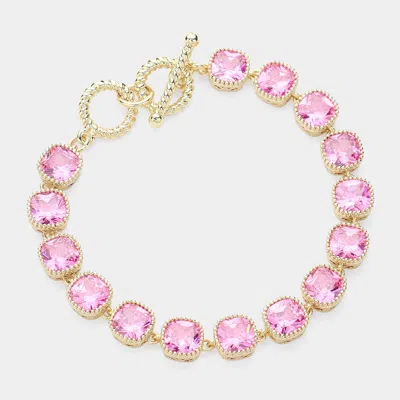 Fashnzfab 14k Gold Plated Square Cz Stone Link Evening Toggle Bracelet Gold, Pink In Multi
