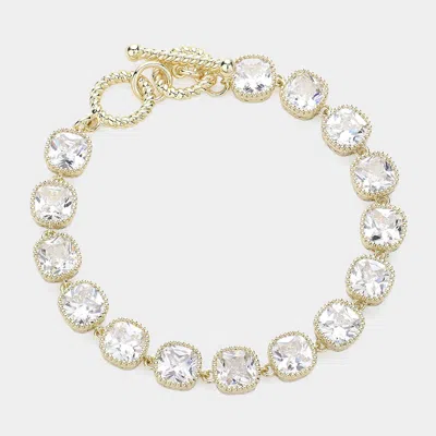 Fashnzfab 14k Gold Plated Square Cz Stone Link Evening Toggle Bracelet Gold In Silver