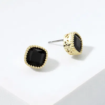 Fashnzfab 14k Gold Plated Square Cz Stone Stud Earrings In Black