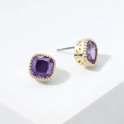 Fashnzfab 14k Gold Plated Square Cz Stone Stud Earrings In Purple