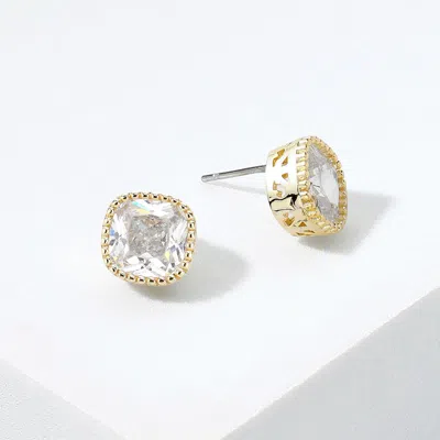 Fashnzfab 14k Gold Plated Square Cz Stone Stud Earrings In Silver
