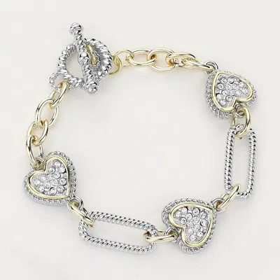 Fashnzfab 14k Gold Plated Stone Paved Heart Textured Link Toggle Bracelet In Silver