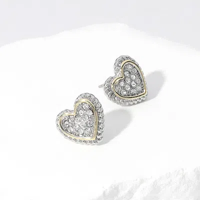 Fashnzfab 14k Gold Plated Stone Paved Two Tone Heart Stud Earrings - Two Tone In Silver