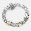 Fashnzfab 14k Gold Plated Triple Crisscross Pointed Mesh Metal Chain Magnetic Bracelet In Silver