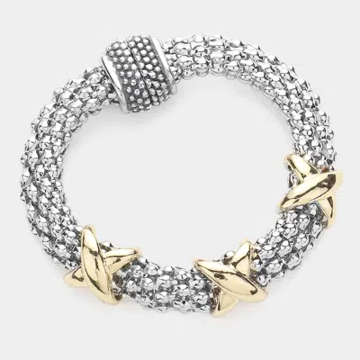 Fashnzfab 14k Gold Plated Triple Crisscross Pointed Mesh Metal Chain Magnetic Bracelet In Silver