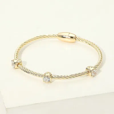 Fashnzfab 14k Gold Plated Triple Cz Bezel Accent Twisted Cable Magnetic Bangle Bracelet