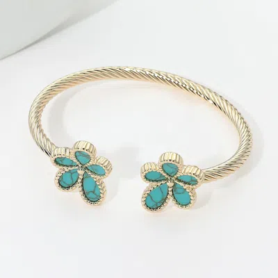 Fashnzfab 14k Gold Plated Turquoise Floral Tip Twisted Cuff Bracelet In Multi
