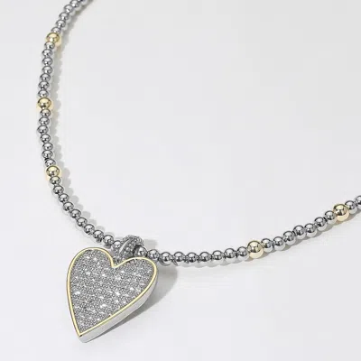 Fashnzfab 14k Gold Plated Two Tone Ball Beaded Cz Stone Paved Heart Pendant Necklace In Silver