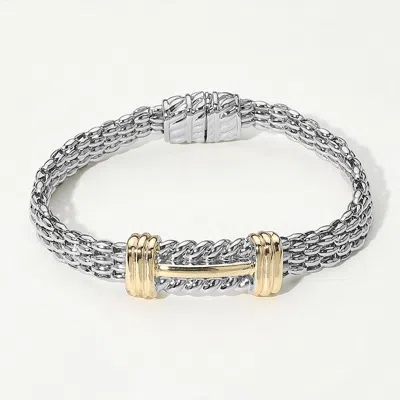 Fashnzfab 14k Gold Plated Two Tone Center Bar Accent Woven Chain Magnetic Bracelet Two Tone In Multi