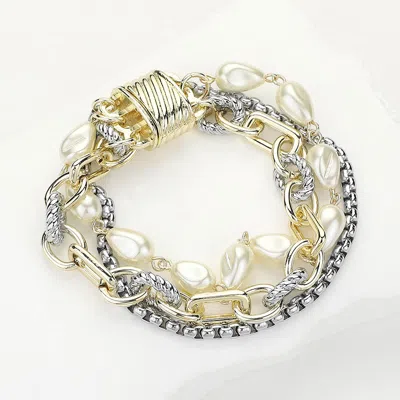 Fashnzfab 14k Gold Plated Two Tone Chunky Chain Pearl Layered Magnetic Bracelet In Brown