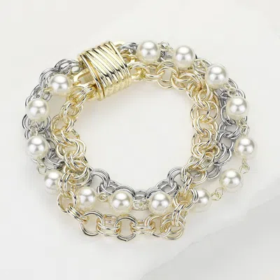 Fashnzfab 14k Gold Plated Two Tone Chunky Industrial Chain Pearl Layered Magnetic Bracelet Two Tone In Multi