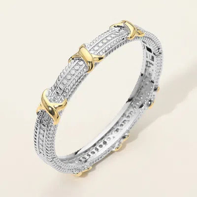 Fashnzfab 14k Gold Plated Two Tone Crisscross Accent Cz Pave Textured Hinged Bangle Bracelet