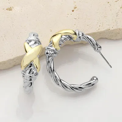 Fashnzfab 14k Gold Plated Two Tone Crisscross Pointed Hoop Earrings In Silver