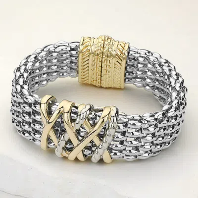Fashnzfab 14k Gold Plated Two Tone Crisscross Pointed Mesh Metal Magnetic Bracelet Two Tone In Multi