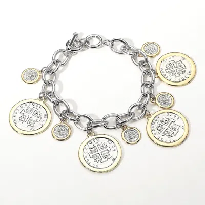 Fashnzfab 14k Gold Plated Two Tone Cross Embossed Medal Charm Station Toggle Bracelet Two Tone