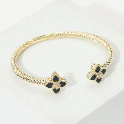 Fashnzfab 14k Gold Plated Two Tone Cz Center Floral Tip Twisted Cuff Bracelet In Black