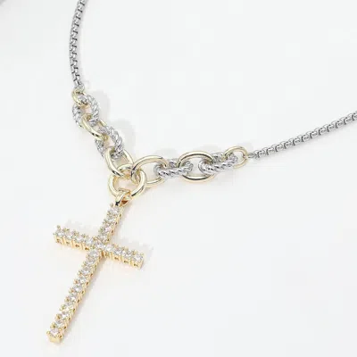 Fashnzfab 14k Gold Plated Two Tone Cz Cross Pendant Necklace In Transparent