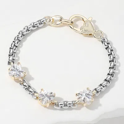 Fashnzfab 14k Gold Plated Two Tone Cz Heart Stone Custer Pointed Bracelet Clear, Two Tone In Multi