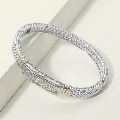 Fashnzfab 14k Gold Plated Two Tone Cz Pave Bar Accent Cable Hinged Bangle Bracelet In Silver