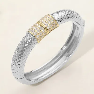 Fashnzfab 14k Gold Plated Two Tone Cz Pave Bar Accent Textured Hinged Bangle Bracelet In Metallic