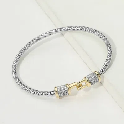 Fashnzfab 14k Gold Plated Two Tone Cz Pave Bar Clasp Accent Twisted Cable Bangle Bracelet In Metallic
