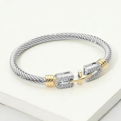 Fashnzfab 14k Gold Plated Two Tone Cz Pave Buckle Accent Twisted Cable Bangle Bracelet In Multi