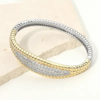 Fashnzfab 14k Gold Plated Two Tone Cz Pave Center Hinged Bangle Bracelet In Silver