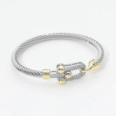 Fashnzfab 14k Gold Plated Two Tone Cz Pave Clasp Accent Twisted Cable Bangle Bracelet In Silver