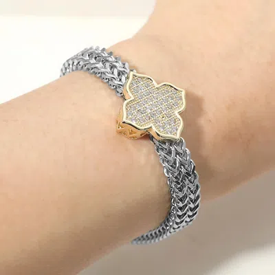 Fashnzfab 14k Gold Plated Two Tone Cz Pave Clover Centerpiece Mesh Chain Magnetic Bracelet In Silver