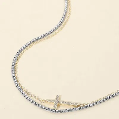 Fashnzfab 14k Gold Plated Two Tone Cz Pave Cross Pendant Accent Layered Necklace In Silver