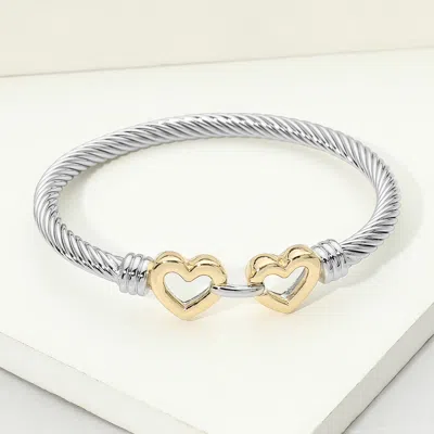 Fashnzfab 14k Gold Plated Two Tone Cz Pave Double Heart Accent Twisted Cable Bangle Bracelet In Multi