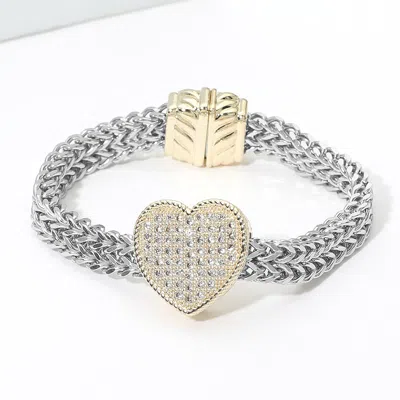 Fashnzfab 14k Gold Plated Two Tone Cz Pave Heart Centerpiece Mesh Chain Magnetic Bracelet In Multi
