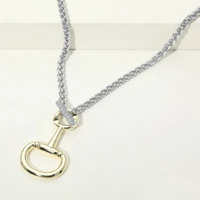 Fashnzfab 14k Gold Plated Two Tone Cz Pave Horseshoe Toggle Necklace In Silver