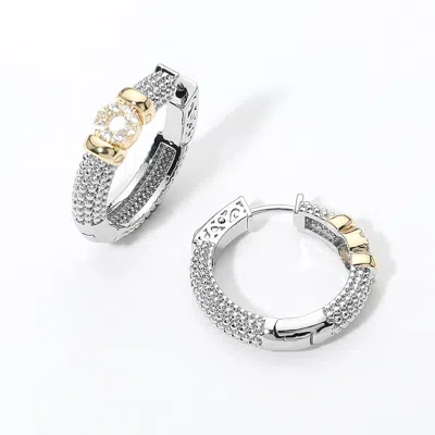 Fashnzfab 14k Gold Plated Two Tone Cz Pave Huggie Hoop Earrings In Silver