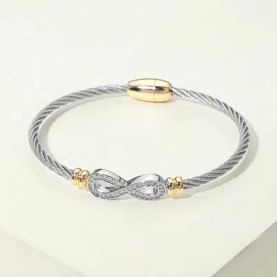 Fashnzfab 14k Gold Plated Two Tone Cz Pave Infinity Accent Twisted Cable Magnetic Bracelet In Silver