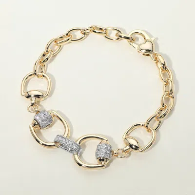 Fashnzfab 14k Gold Plated Two Tone Cz Pave Link Bar Horsebit Link Bracelet