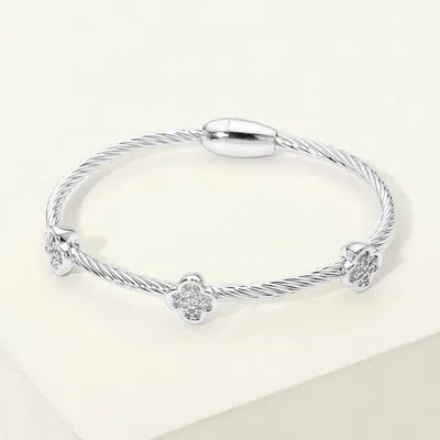 Fashnzfab 14k Gold Plated Two Tone Cz Pave Quatrefoil Bezel Station Twisted Cable Magnetic Bracelet In Metallic