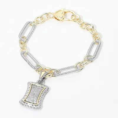 Fashnzfab 14k Gold Plated Two Tone Cz Pave Rectangular Frame Charm Link Bracelet In Silver