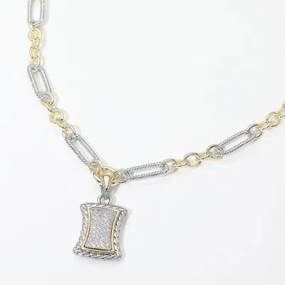 Fashnzfab 14k Gold Plated Two Tone Cz Pave Rectangular Frame Pendant Necklace In Metallic