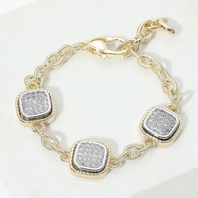 Fashnzfab 14k Gold Plated Two Tone Cz Pave Square Charm Link Bracelet In Multi
