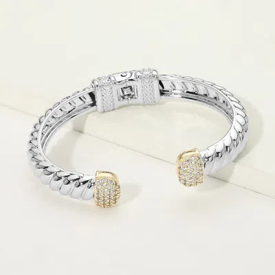 Fashnzfab 14k Gold Plated Two Tone Cz Pave Tip Twisted Hinged Cuff Bracelet In Metallic