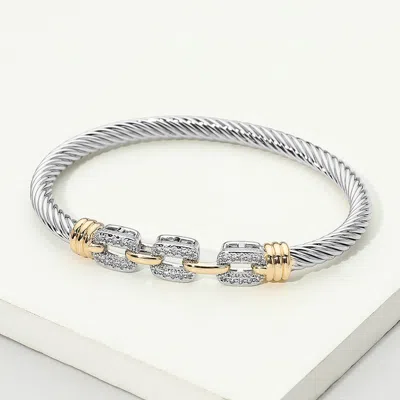 Fashnzfab 14k Gold Plated Two Tone Cz Pave Triple Link Accent Twisted Cable Bangle Bracelet In Multi