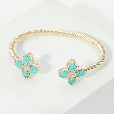 Fashnzfab 14k Gold Plated Two Tone Cz Pave Turquoise Stone Floral Charm Tip Twisted Cuff Bracelet In Blue