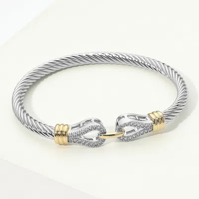 Fashnzfab 14k Gold Plated Two Tone Cz Pave Twisted Cable Bangle Bracelet 0.4" H, 2.5" D In Silver