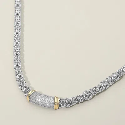 Fashnzfab 14k Gold Plated Two Tone Cz Paved Barrel Accent Mixed Link Chain Necklace - Two Tone In Multi