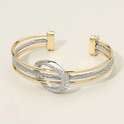Fashnzfab 14k Gold Plated Two Tone Cz Paved Twisted Metal Cuff Bracelet - Two Tone In Silver