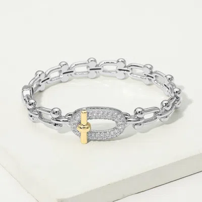 Fashnzfab 14k Gold Plated Two Tone Cz Pavel Oval Accent Industrial Link Hinged Bangle Bracelet In Silver