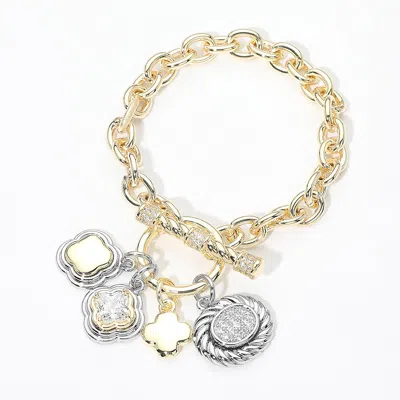 Fashnzfab 14k Gold Plated Two Tone Cz Quatrefoil Oval Multi Charm Toggle Bracelet